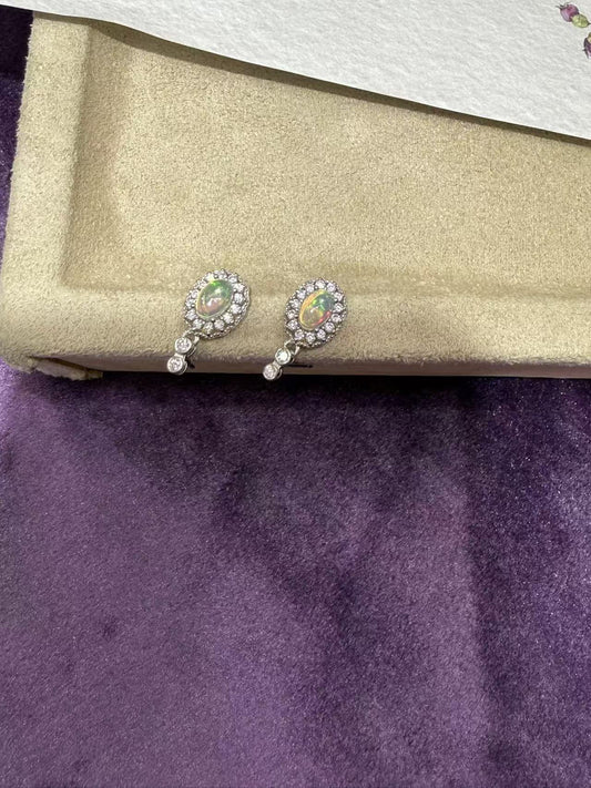 Sterling Silver Opal Halo Drop Earrings