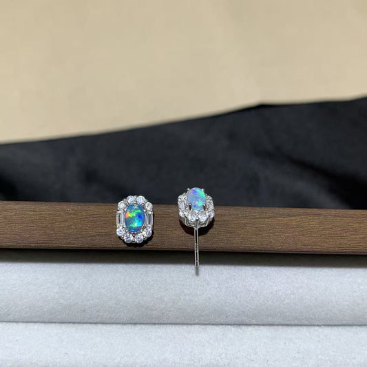 Sterling Silver Halo White Opal Stud Earrings