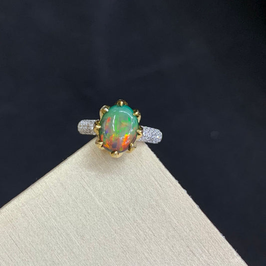 925 Sterling Silver Gold Prong Green Opal Paved Open Band Ring