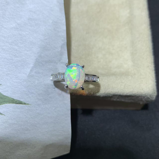 925 Sterling Silver White Opal Baguette CZ Solitaire Ring