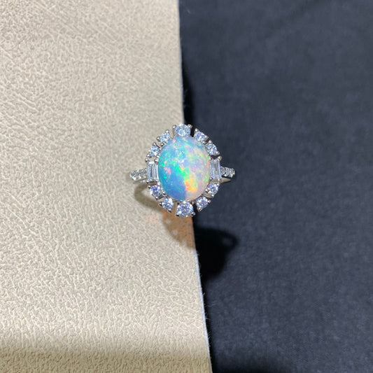 925 Sterling Silver Opal Sunburst Halo Open Ring