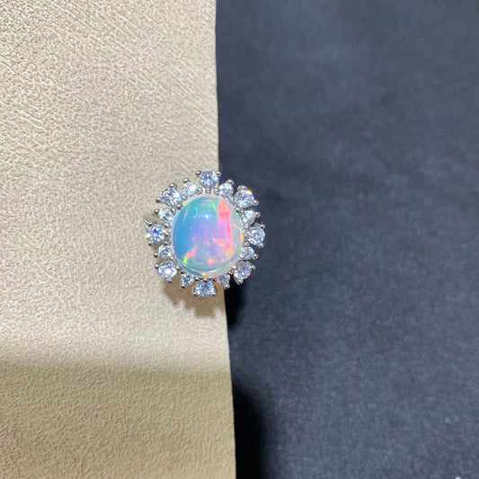 925 Sterling Silver Opal Sunburst Halo Open Ring