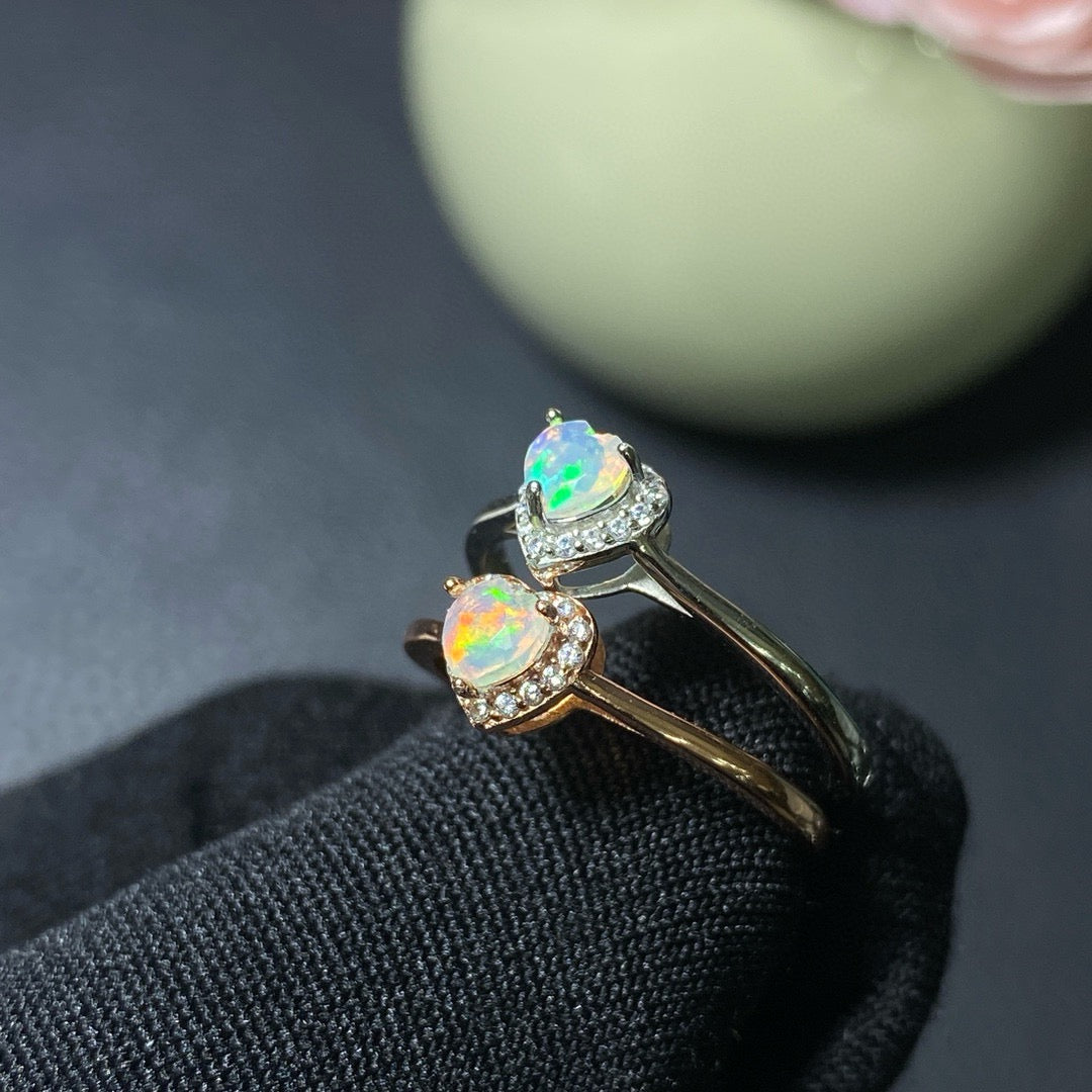 925 Rose Gold Sterling Silver Heart Opal Stackable Heart Halo Open Ring