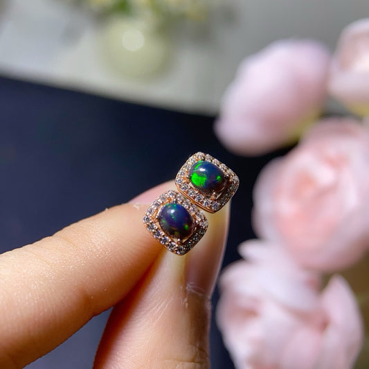 925 Sterling Silver Cushion Halo Square Black Opal Stud Earrings