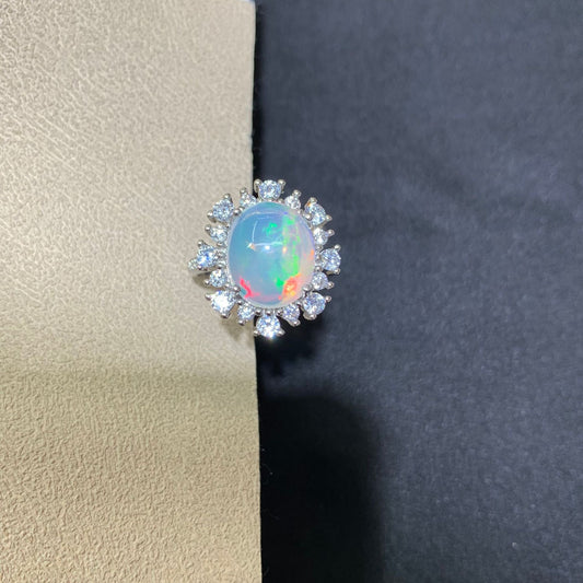 925 Sterling Silver Opal Sunburst Halo Open Ring