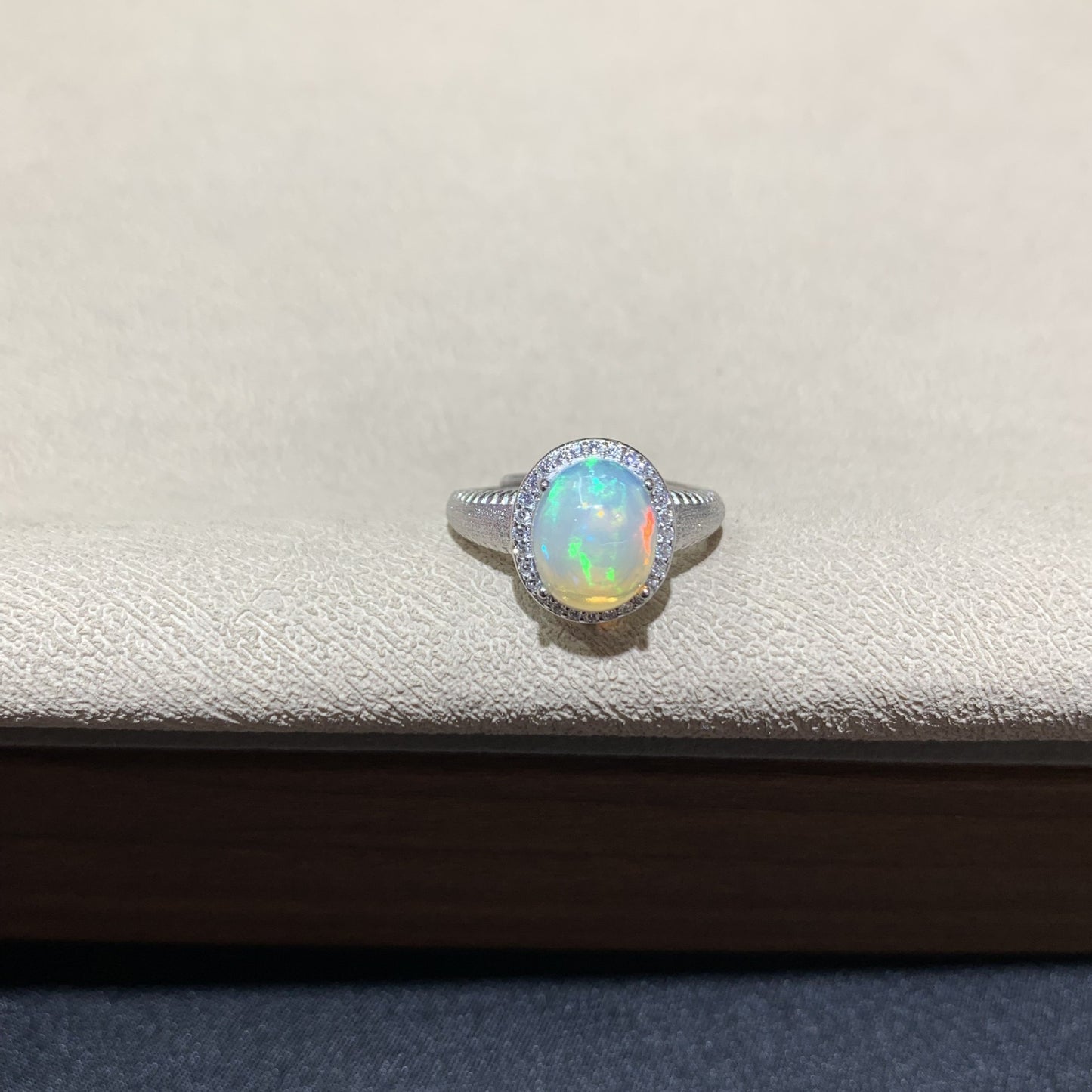 925 Sterling Silver White Opal Halo Open Ring