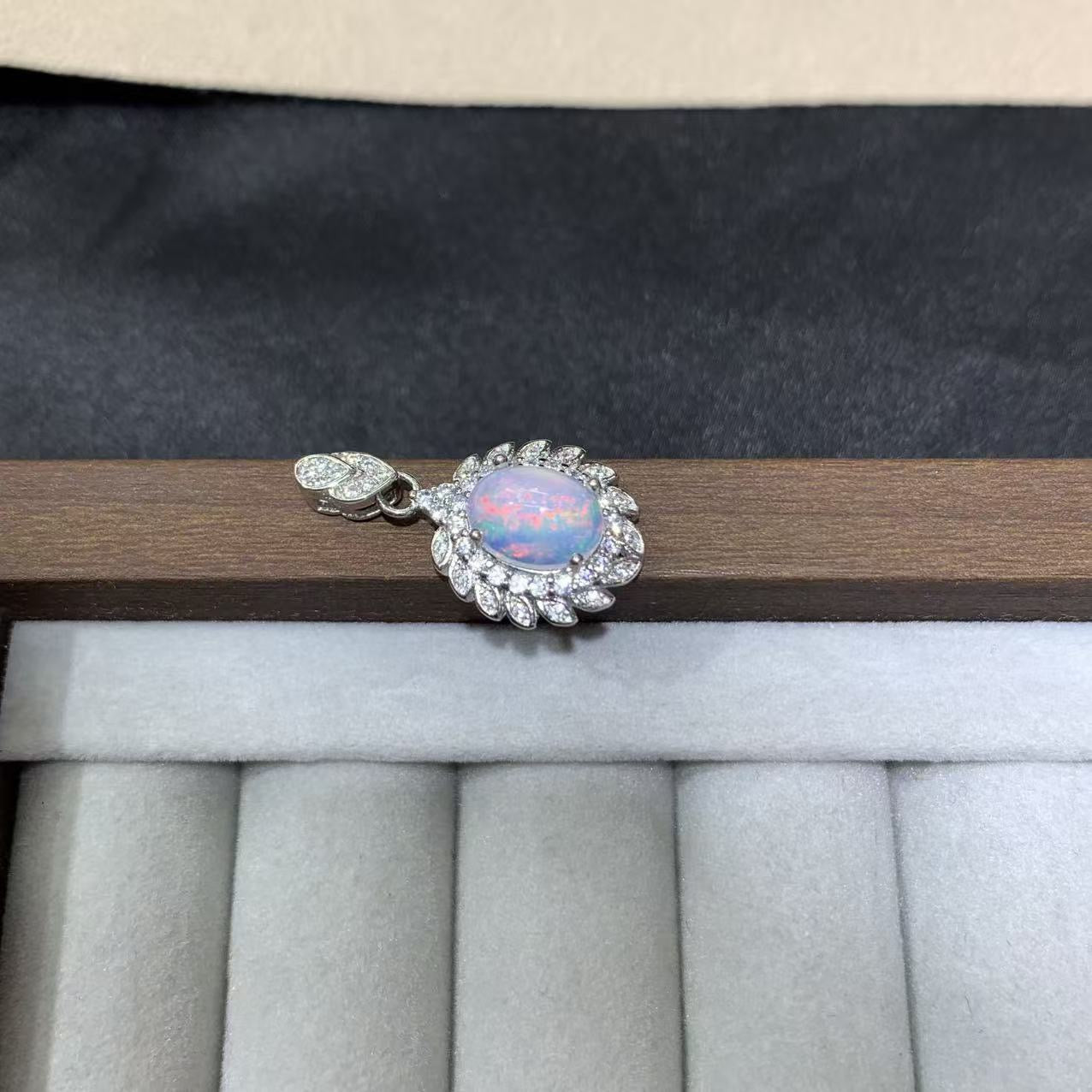 925 Sterling Silver Oval Opal Cabochon Halo Charm Pendant