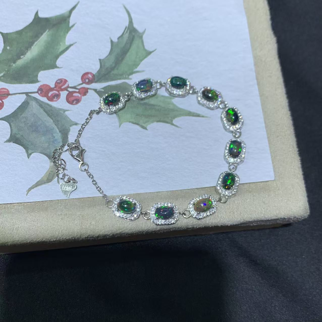 925 Sterling Silver Halo Black Opal Bracelet