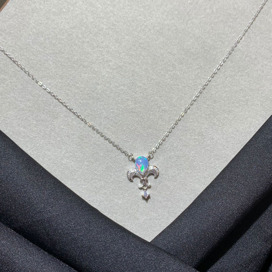 925 Sterling Silver Opal Fleur-De-Lis Pendant Necklace