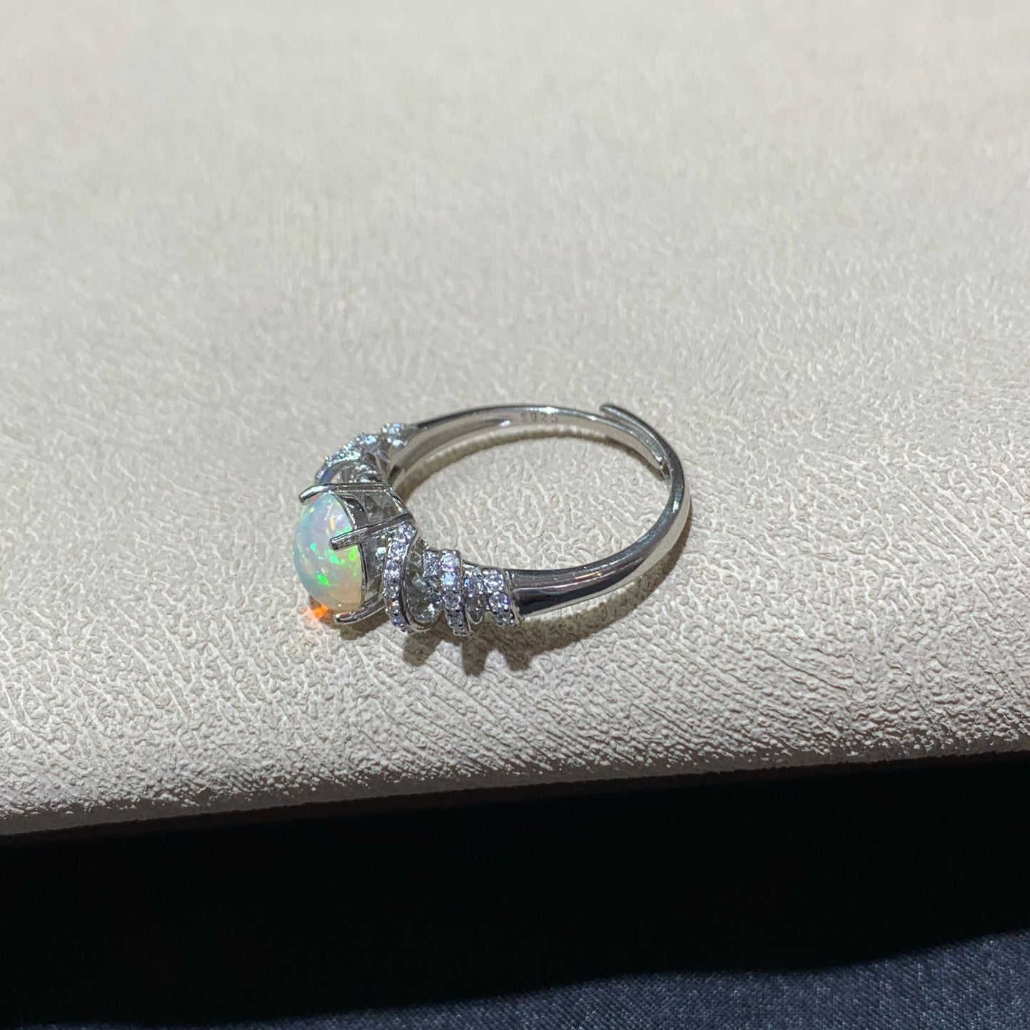 925 Sterling Silver White Opal Curved Paved Ring