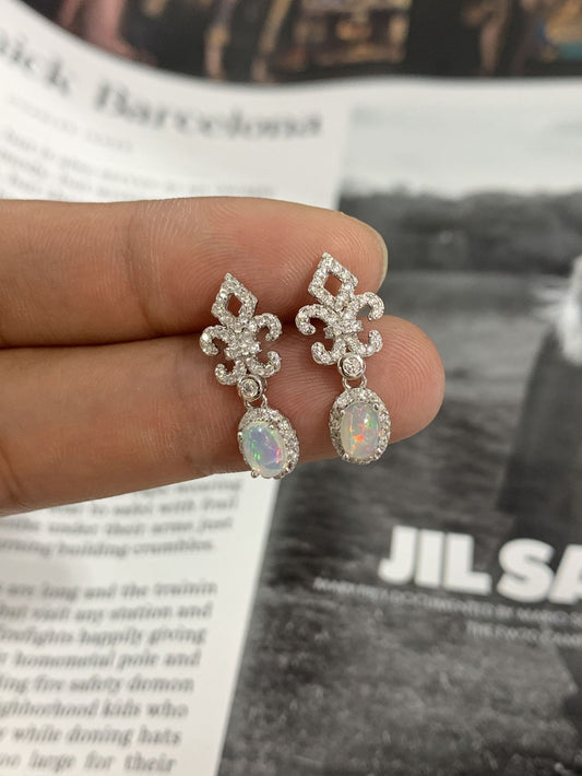 Sterling Silver White Opal Fleur-De-Lis Halo Drop Earrings