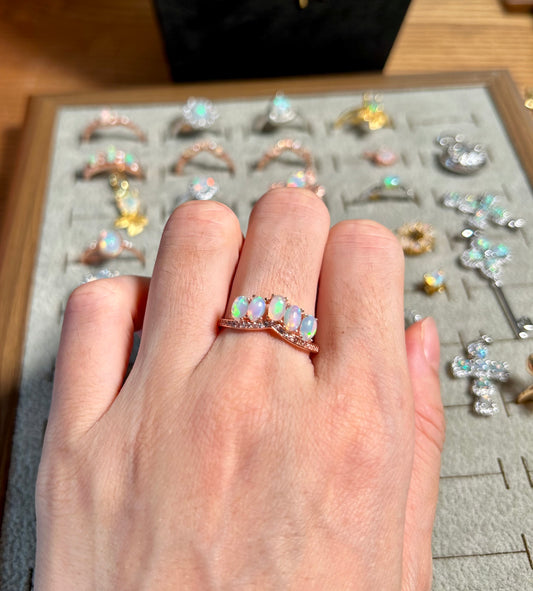 925 Rose Gold Sterling Silver Oval Opal Stackable Crown Open Ring