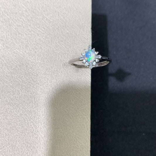 925 Sterling Silver Opal Sunburst Halo Open Ring