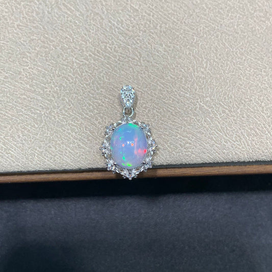 925 Sterling Silver Oval Opal Cabochon Halo Charm Pendant
