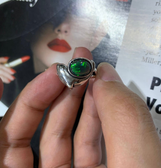 925 Sterling Silver Whale Black Opal Open Ring