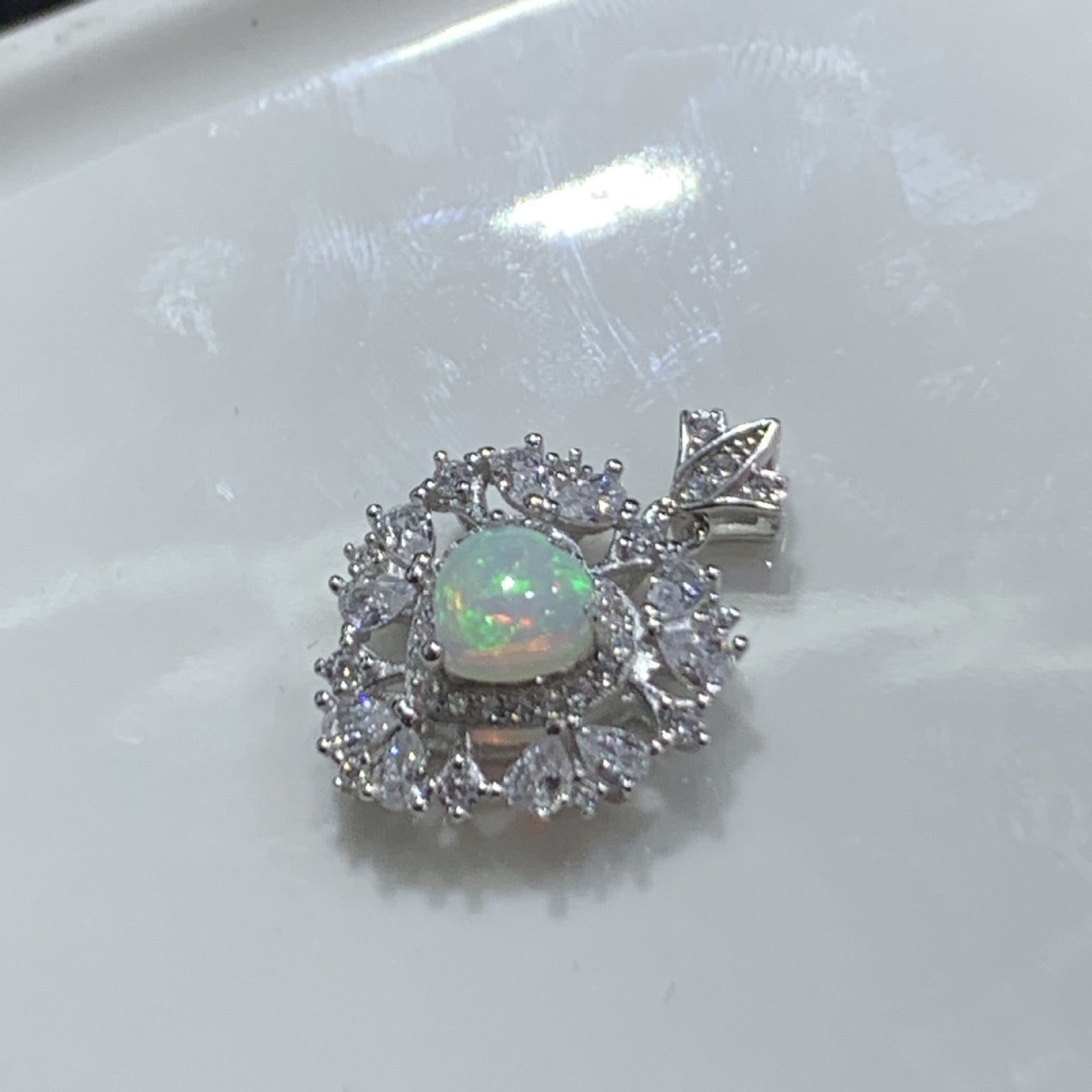 Australian 925 Sterling Silver Floral Double Halo Heart Opal Pendant