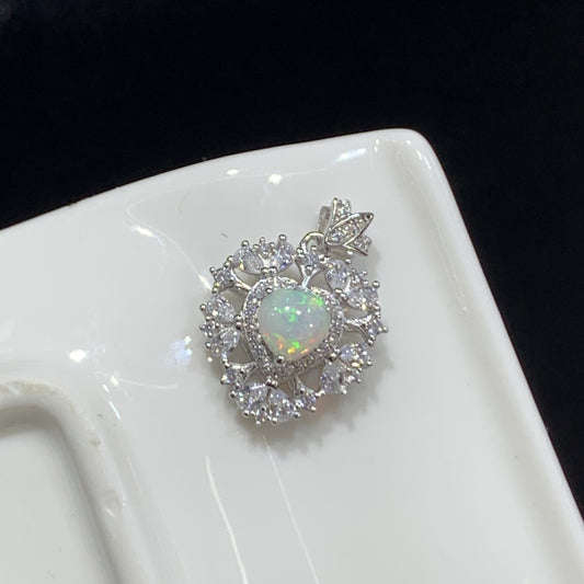 925 Sterling Silver Floral Double Halo Heart Opal Pendant