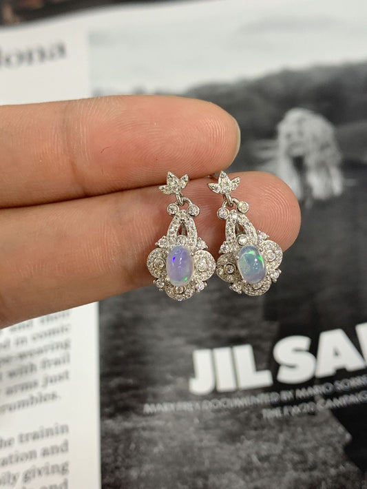Sterling Silver Blue Opal Full Paved Drop Earrings