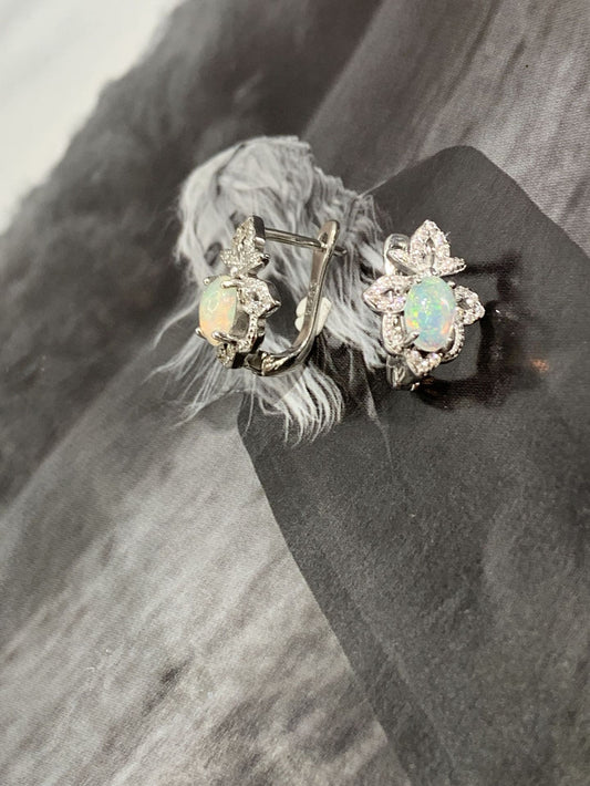 925 Sterling Silver Floral Halo Opal Huggie Hoop Earrings