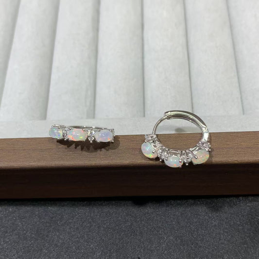 925 Sterling Silver White Opal Huggie Hoop Earrings