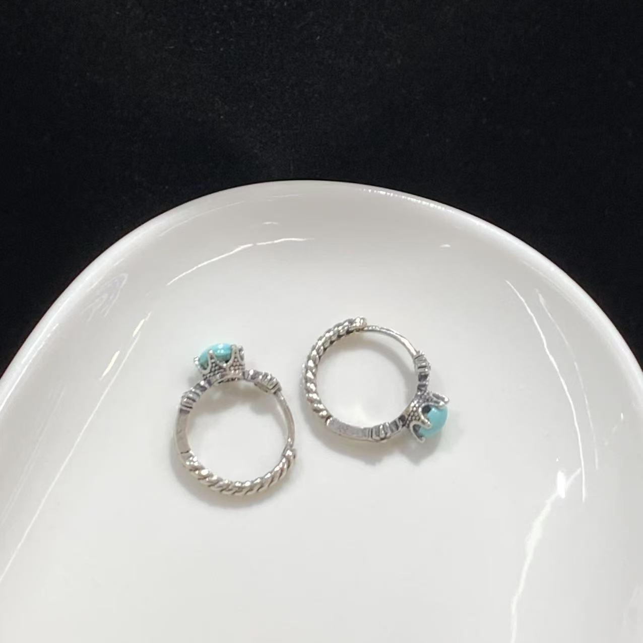 925 Sterling Silver Vintage Turquoise Huggie Hoop Earrings