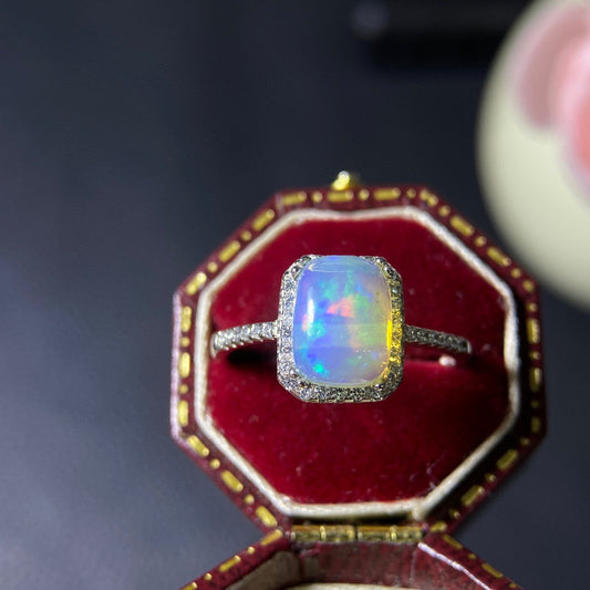 925 Sterling Silver White Opal Square Halo Open Ring