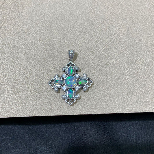 925 Sterling Silver Opal Cross Filigree Pendant